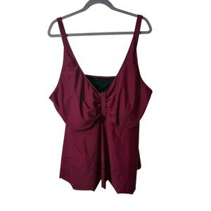 Womens Plus Size Burgundy Tankini Top Laser Cut Hem & Adjustable Straps Sz 26